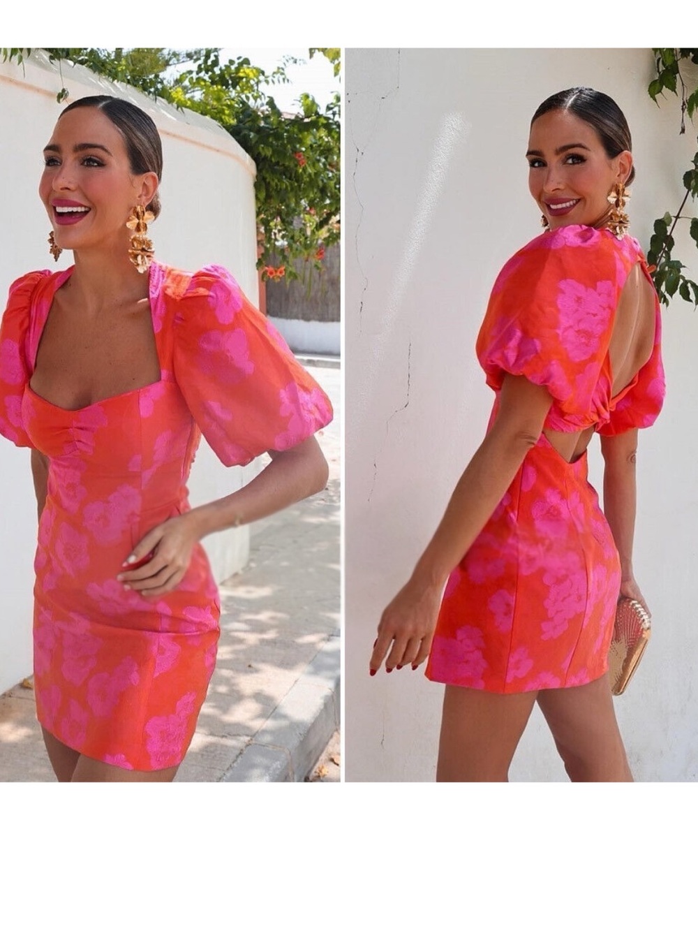 Zara Pink & Orange Puff-Sleeve Dress